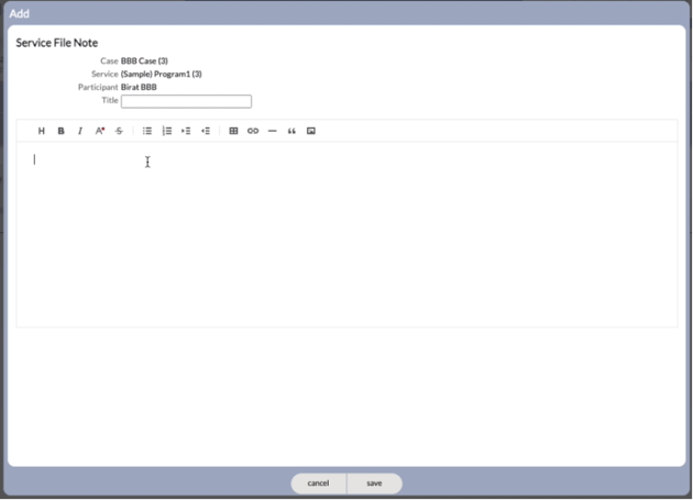 Service File Note page showing the new rich text editor.