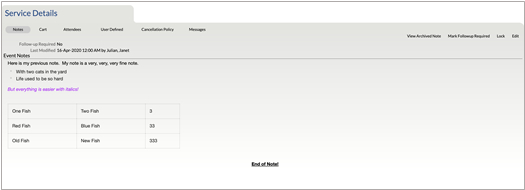 Service Event note page in Penelope showing migrated Event Notes