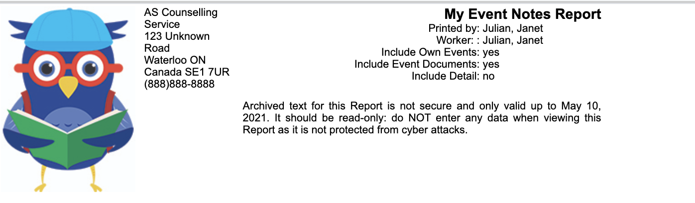 My Event Notes report header showing text included to indicate that archived text is being shown.