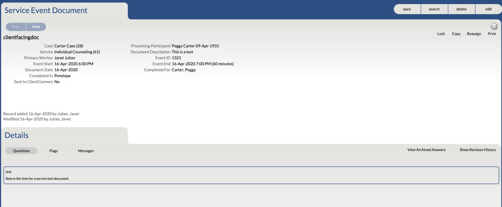 Service Event Document showing migrated rich text field