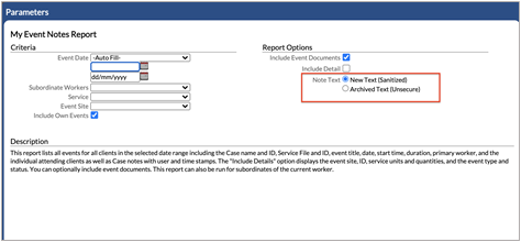 Report Parameters page showing new parameter option to select New Text or Archived Text.