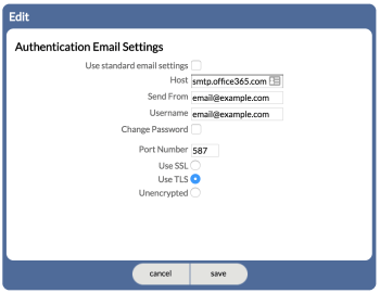 Edit view of the External Communication Authentication Email Settings