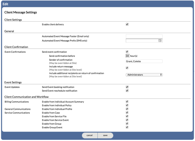 Edit view of the Client Message Settings