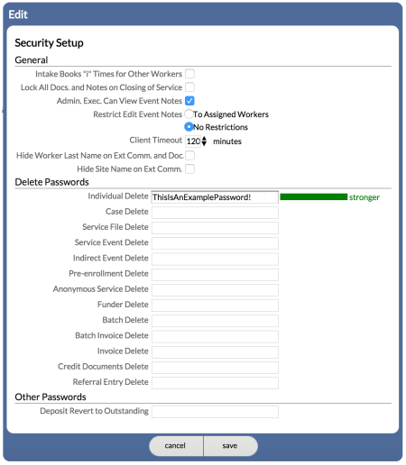 Edit view of the General Security Settings