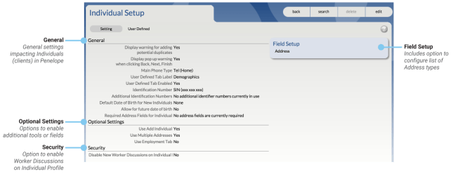 Individual Setup settings