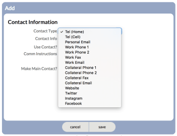 Example of contact types shown for Individual contact information