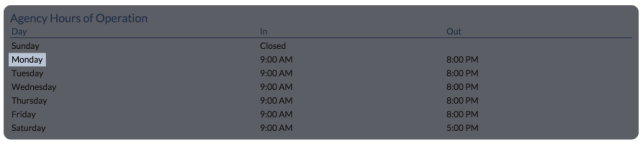 Click a day of the week for hours of operation