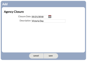 Edit screen for Agency Closure Dates
