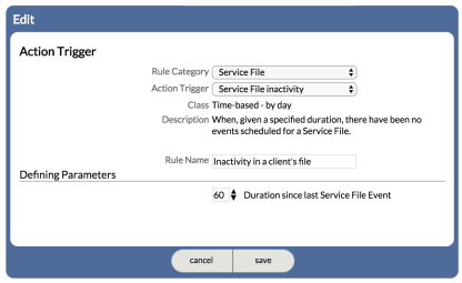 Example Action Trigger requiring defining parameters