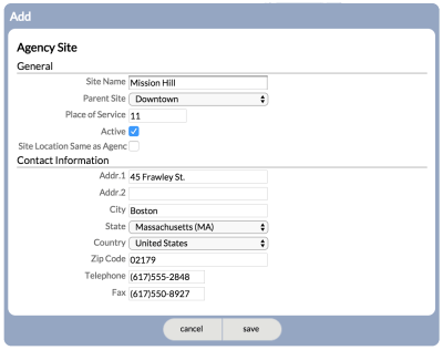 Add/Edit view of the Site Profile