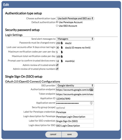 Penelope and SSO Authentication Edit screen