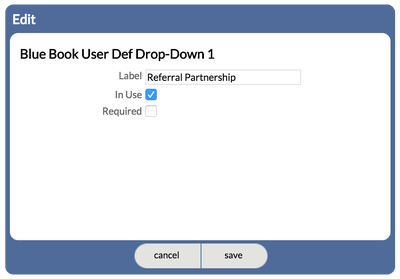 Screen to change the Blue Book User Defined Drop Down 1 label