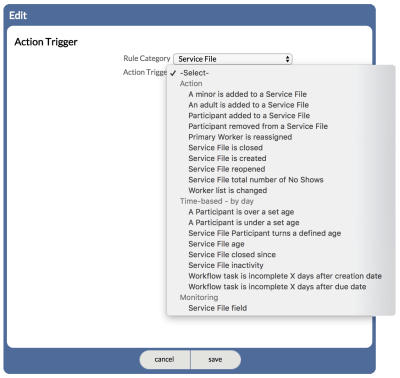 Example list of Action Trigger Types using Service File