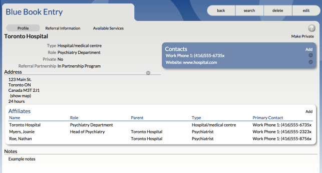 Blue Book entry with referral or service information