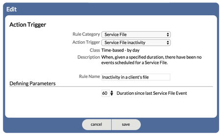 Example Action Trigger requiring defining parameters
