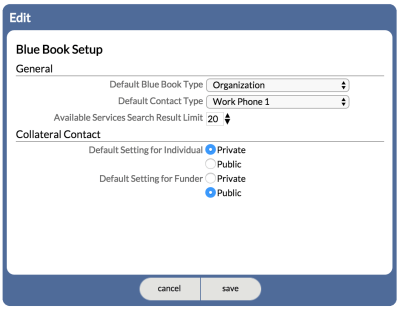 Blue Book settings screen