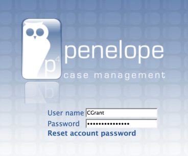 Penelope Login Screen with option to reset account password