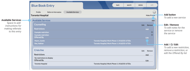 Blue Book Entry Available Services page with callouts