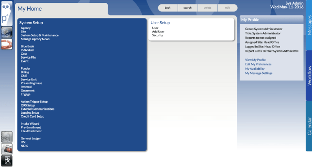 Example of a homepage for a Worker with the SysAdmin User Group