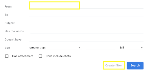 Enter the email address you'd like to whitelist in the 'From' field and then click 'Create filter'